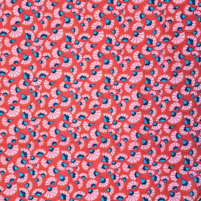Coton Éventails Ethniques Rose fonds rouge