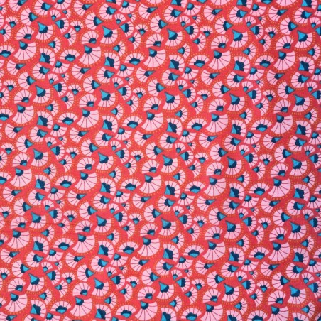 Coton Éventails Ethniques Rose fonds rouge