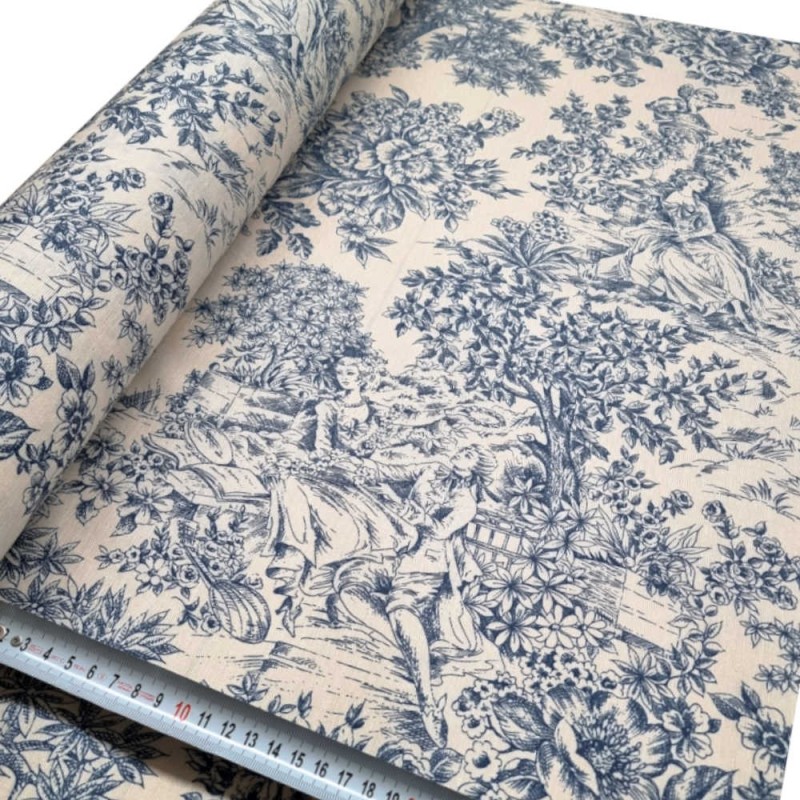Tissu enduit toile de jouy bleu