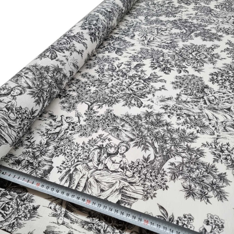 Tissu enduit toile de jouy noir