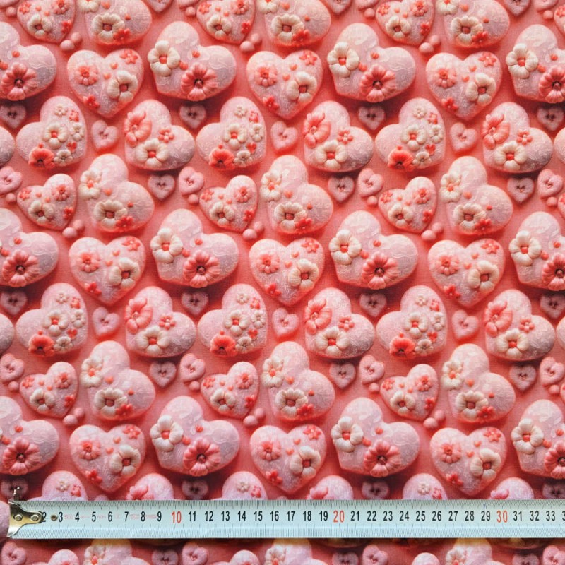Coton imprimé 3D I LOVE TISSUS Cœurs Dentelle Rose au mètre