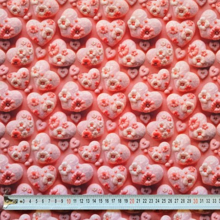 Coton imprimé 3D I LOVE TISSUS Cœurs Dentelle Rose au mètre
